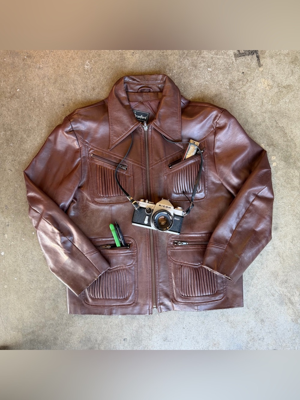 80s Branford Lightweight Accordion Pocket Safari Vinyl Leather Jacket sz Large